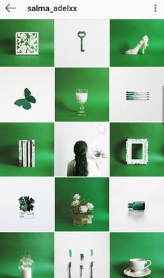 a collage of green and white images with flowers, candles, vases and other items