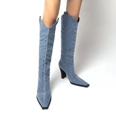 Sexy Blue Denim Jean Boots Knee High Pull On Custom Order Takes A Few Weeks Summer Heeled Boots With Round Toe, Trendy Fitted Summer Heeled Boots, Trendy Knee-high Spring Heeled Boots, Trendy Knee-high Heeled Boots For Spring, Trendy Fitted Heeled Boots For Summer, Trendy Denim Knee-high Boots, Spring Denim Blue Denim Boots, Fitted Summer Boots With Pointed Toe, Trendy Knee-high Denim Boots