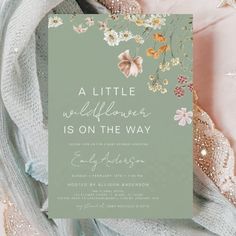 a little flower is on the way wedding card in mint green and white with pink flowers