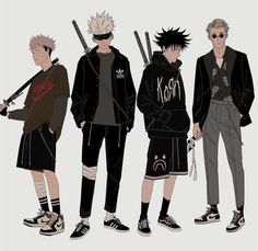 three anime characters standing next to each other with swords in their hands and wearing black clothing