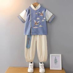 ⭐⭐ This listing contains 2 pieces: 1 Top + 1 Pant ; Great for Scool opening day Suit;  ⭐⭐ Two Colors: Light Green & Blue;  Sizes from 90-170cm;  ⭐⭐ Chinese Modern design forb Boys from 2-16 years old. Classic Tang Dynasty costume/Tang Dress made for spring, summer & autumn. ⭐⭐ Size Chart:  Size: Chest/ Top Length/ Pant Length/ Suggest Height: 90 CM: 36*2 CM/  39CM/ 53 CM;  Suggested 80-90cm High Kid;  100CM: 38*2 CM/  42CM/ 58CM;  Suggested 85-95cm High Kid;  110CM: 40*2 CM/ 45CM/ 63CM;  Suggested 95-105cm High Kid;  120CM: 42*2 CM/  48CM/ 68CM; Suggested 105-115 cm High Kid;  130CM: 44*2 CM/  51CM/  73CM; Suggested 115-125cm High Kid;  140CM: 46*2 CM/  54CM/ 78CM; Suggested 125-135cm High Kid;  150CM: 48*2 CM/  57CM/ 83CM; Suggested 135-145cm High Kid;  160CM: 50*2 CM/  60CM/ 88CM; Sugges Embroidered Cotton Sets For Spring, Spring Cotton Embroidered Sets, Spring Embroidered Cotton Sets, Embroidered Short Sleeve Sets For Spring, Embroidered Short Sleeve Summer Sets, Embroidered Cotton Short Sleeve Sets, Embroidered Short Sleeve Spring Sets, Summer Embroidered Short Sleeve Sets, Spring Embroidered Short Sleeve Sets