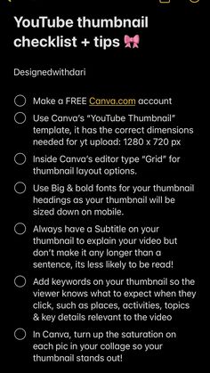 a black background with the words youtube tube thumbnaili checklist tips on it