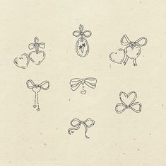 six bows and hearts drawn in ink on paper