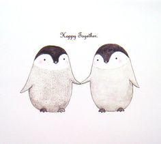 two penguins are holding hands with the words happy together on their foreheads in front of them