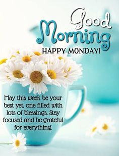 a coffee cup with daisies in it and the words good morning happy monday on top