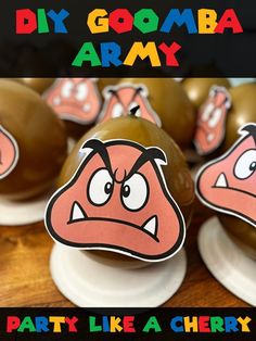 there are many angry birds on the table with words diy goomba army party like a cherry