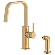 a gold faucet with two handles and nozzles on the side, in front of a white background