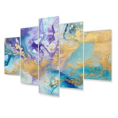 an abstract painting with blue, gold and white colors on the canvas wall art piece