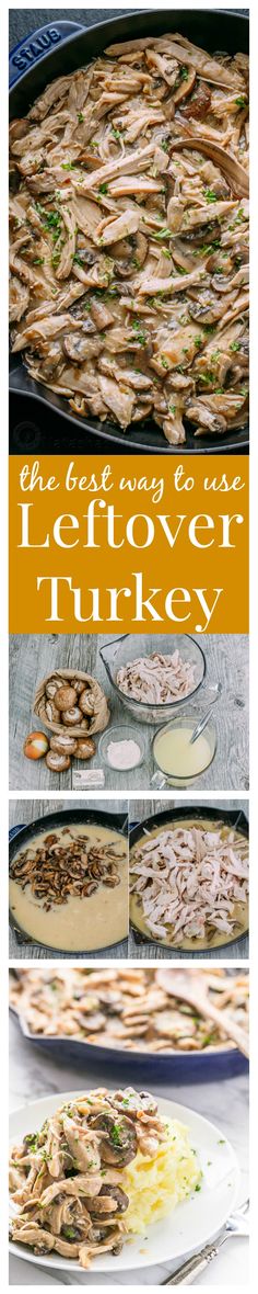 the process of making leftover turkey is shown in three different stages, including baking and cooking