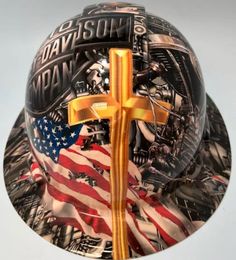 a helmet with a cross and american flag on it