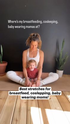 a woman sitting on the floor with a baby in her lap and an ad for breastfeeding moms