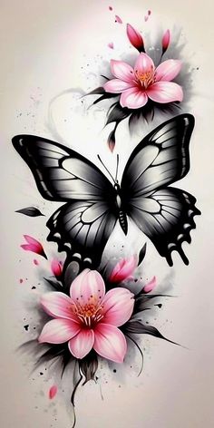 some pink flowers and a black butterfly on a white background