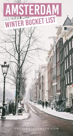 an image of a street in winter with the words amsterdam written on it and people walking down the street