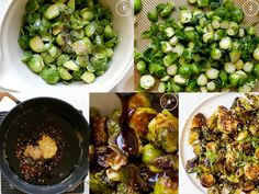 four pictures showing different stages of cooking brussels sprouts and brussel sprouts