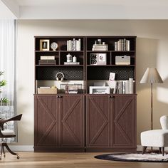 a living room filled with furniture and bookshelves on top of wooden shelves next to a window