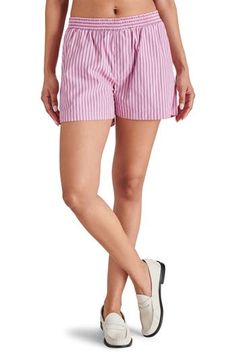 These sweetly striped boxer-inspired shorts are crafted from a lightweight woven fabric and topped with an elastic waist for all-day comfort. 3" inseam; 29" leg opening; 11" front rise; 15 1/2" back rise (size Medium) Elastic waist Side-seam pockets 67% polyester, 20% cotton, 13% modal Hand wash, dry flat Imported Striped Shorts For Daywear, Striped Summer Bottoms For Daywear, Spring Striped Relaxed Fit Shorts, Striped Cotton Pajama Shorts For Spring, Striped Relaxed Fit Pajama Shorts, Relaxed Fit Striped Shorts For Spring, Striped Shorts For Spring Daywear, Striped Shorts For Daywear In Spring, Spring Striped Shorts For Daywear