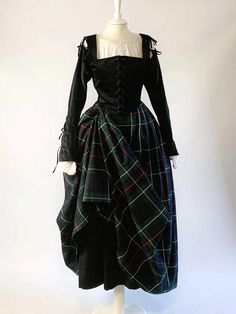 Scottish Costume in Black Velvet with Sleeves & Mackenzie Tartan Skirt - Atelier Serraspina Heritage Outfits, The Tudors Costumes, Chiffon Clothes, Scottish Costume, Black Velvet Corset, Mackenzie Tartan, Scottish Dress, Tartan Clothing, Velvet Corset