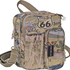 Padded Main Compartment Two Zippered Pockets Small Side Pouch Thin Adjustable Shoulder Strap Organize Small Accessories For Day To Day Travel Inside This Casual Little Route 66 Utility Bag.The Route 66 Utility Bag Is Made From Tapestry Fabric And Features A Small Shape And A Classic Route 66 Design With Customized Route 66 Iconic Zipper Holders In The Front And An Adjustable Strap That Can Be Carried On The Shoulder Or Slung Across The Body For Hands Free Travel. This Utility Bag Has A Zip Aroun Things I Want To Buy, Road 66, Punk Bag, Cotton Handbag, Utility Bag, Tapestry Fabric, Mia 3, Canvas Bags, Free Travel