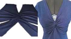 the back of a woman's blue top with a knot on it and an image of