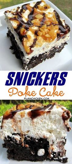 two pictures of snickkers poke cake on a white plate with the title above it