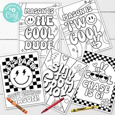 four happy birthday coloring pages with markers and crayons