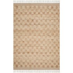 an area rug with squares and fringes on the bottom, in neutral colors against a white background