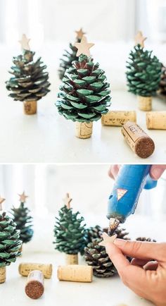 pinecone christmas trees are made from corks and used as ornaments for the tree