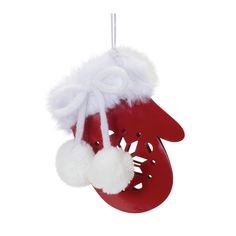 a red and white christmas ornament hanging from a string