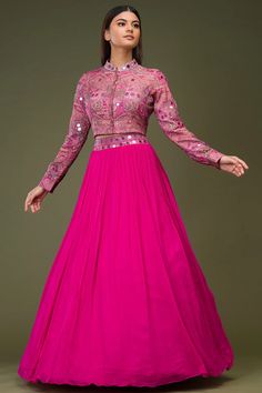 Lehanga Full Length Blouse Designs, Full Hand Lehenga Design, Shifon Lehenga, Long Choli Designs Lehenga, Fuschia Pink Lehenga, New Style Gown Design, Blazer Lehenga Outfit, New Fashion Design, Lehnge Ka Design