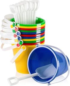 a stack of plastic cups with spoons and forks in them