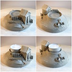 four different views of a candle holder made out of concrete and cement with houses on it