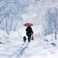 a painting of a person walking in the snow with an umbrella over their head and a dog following behind them