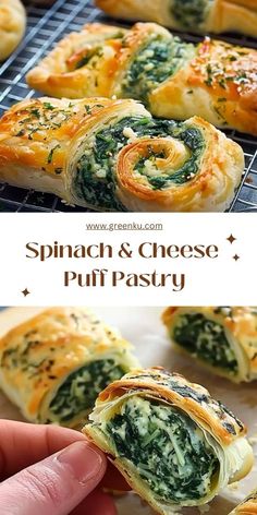 spinach and cheese puff pastry is being held up by a person's hand