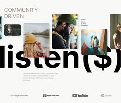 the word listen is surrounded by images of people in different styles and colors, including letters that spell out their names