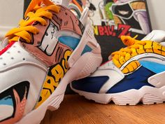 Custom painted anime themed sneakers Anime Sneakers, Custom Painted, Nike Huarache, Tie Shoes, Custom Shoes, Custom Paint, Saucony Sneaker, Athletic Shoes, Shoes Sneakers