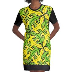 Loose and casual fit jersey t-shirt dress. Printed polyester blend front panel, solid color 100% cotton back/sleeves/rib. Size range XS-2XL. Escher T Shirt, M C Escher, Casual Fit, Dress For Sale, Casual Fits, Jersey T Shirt, Lightweight Hoodie, T Shirt Dress, Dresses For Sale