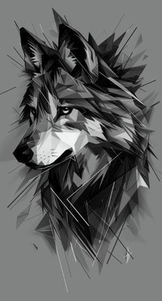 a black and white photo of a wolf's head with geometric shapes in the background