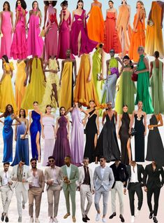 a group of people standing next to each other in front of a white background with different colored dresses