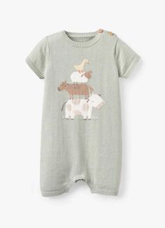 We've got the perfect outfit for your little adventurer! This soft, mid-weight cotton knit baby shortall will keep baby cool & comfortable while looking photo-ready-- just what everyone wants in a luxury baby gift! Of all the knit baby boy clothes, this one is sure to be every parent's favorite. Pair with coordinating jacquard knit animal baby blanket and linen Charlie the Cow toy for the perfect baby gift set. #baby #babyromper #babygift Luxury Baby Gifts, Cow Toys, Baby Gift Guide, Elegant Baby, Knitted Animals, Luxury Baby, Short Dresses Casual, Baby Shorts, On The Farm