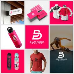 the skateboard logo is displayed in several different colors and shapes, including pink, white, black, and red