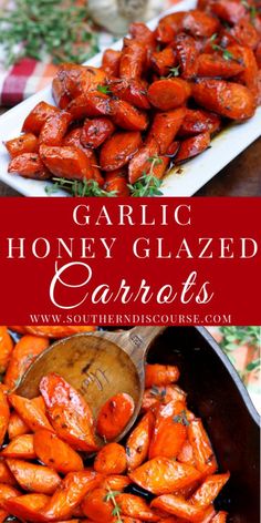 garlic and honey glazed carrots in a pan with a wooden spoon on the side