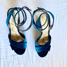 Never Worn Other Than Trying On In My House. Super Cute! Heavenly Color! Blue Closed Toe Sandals With Heel Strap, Blue Cushioned Ankle Strap Wedge Sandals, Blue Wedge Heels With Cushioned Footbed, Blue Ankle Strap Sandals With Cushioned Footbed, Blue High Heels With Cushioned Footbed, Blue Wedge Heel Sandals With 4-inch Heel, Blue Sandals With Heel Loop And Round Toe, Blue High Heel Sandals With Branded Insole, Blue Round Toe Wedge Sandals For Formal Occasions