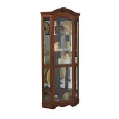 a tall wooden display case with glass doors