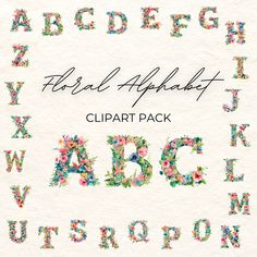 the floral alphabet clipart pack includes letters, numbers, and other decorative objects that are hand - sewn