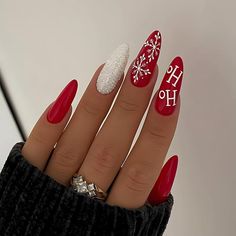 Christmas Press on Nails Almond Medium Fake Nails Red Acrylic False Nails Glossy Glue on Nails Full Cover White Snowflakes with Designs Glitter Stiletto Nails for Women 24Pcs - Walmart.com Amazon Christmas, Red Christmas Nails, Cute Christmas Nails, Snowflake Nails, Christmas Nails Acrylic, Festival Nails, Xmas Nails, Christmas Nail Designs, Stick On Nails