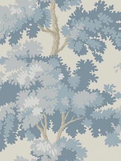 a blue and white wallpaper with trees on it