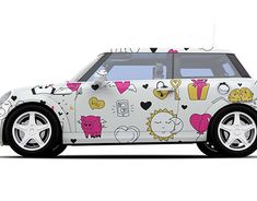 the car is decorated with hearts and animals