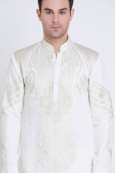 Ivory silk kurta with resham embroidery in geometric pattern and mandarin collared neckline. Paired with a pant. - Aza Fashions Festive White Cotton Silk Sherwani, Designer Off White Kurta With Resham Embroidery, White Cotton Silk Sherwani With Zari Work, Traditional Long Sleeve Sherwani With Geometric Embroidery, Designer Off White Kurta For Eid, Designer Off-white Kurta For Eid, Traditional Wedding Wear With Geometric Embroidery, Festive White Cotton Silk Bandhgala, White Fitted Cotton Silk Bandhgala