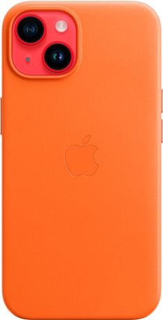 an orange iphone case is shown with the camera lens on it's back side