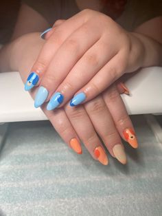 Bluey and bingo gel x nails! Easy Colorful Nail Designs, Bluey Nail Art Designs, Bluey Nails Design, Bluey Dog Nails, Bluey And Bingo Nail Ideas, Bluey Theme Nails, Bluey Themed Nails, Daycare Nails, Cartoon Style Nails